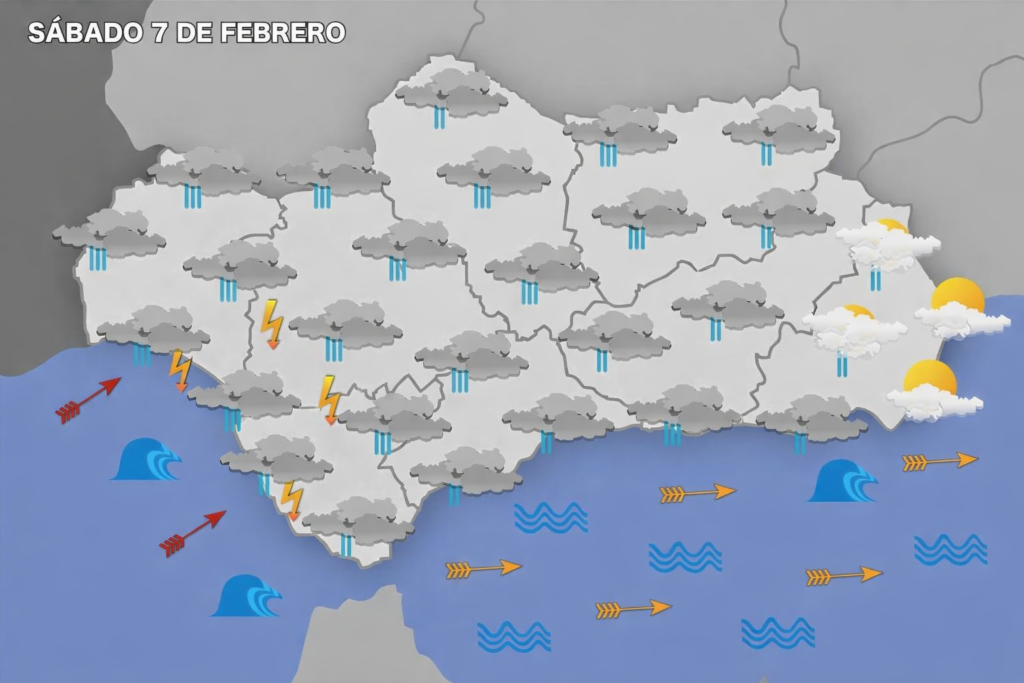 La borrasca “Marta” complica el sábado en Andalucía con lluvias, viento fuerte y temporal
