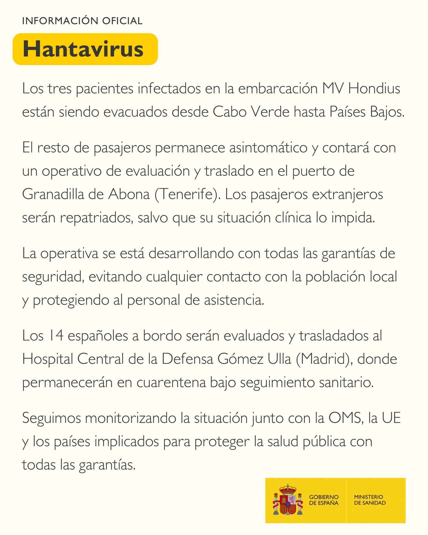 ÚLTIMO COMUNICADO: Sanidad confirma el traslado de los españoles del MV Hondius al Gómez Ulla tras el brote de hantavirus