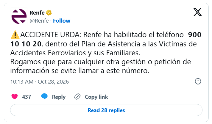 Renfe habilita teléfono de Asistencia a las Víctimas de Accidentes Ferroviarios y sus Familiares