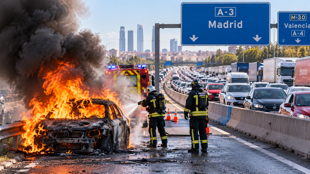 Un coche en llamas en la A-3 provoca diez kilómetros de retenciones en la entrada a Madrid